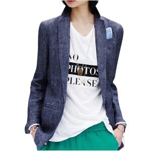 Banana Republic Blue LINEN One Button‎ Boyfriend Blazer 2